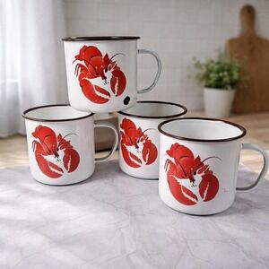 Vintage Enamel Lobster Handle Camp Mugs Set of 4 Coastal Decor